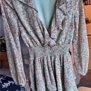 Altar'd State Floral Ruffle Dress in Blue and Brown